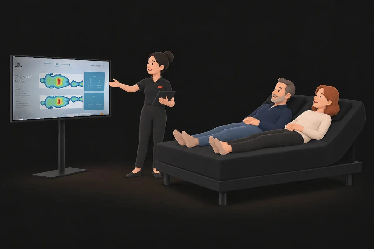 A couple lying back on an adjustable bed while a sleep consultant shows them their two pressure maps on a screen beside the bed