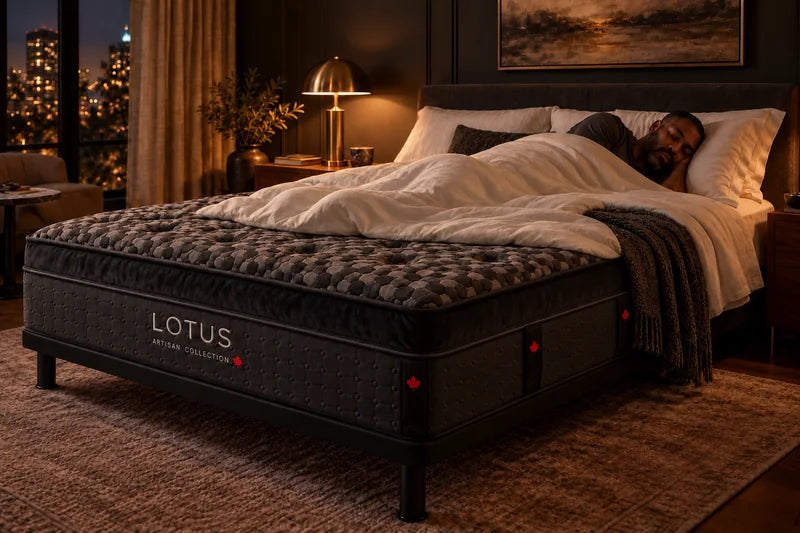 A man sleeping peacefully on a king Lotus Artisan in a warm, lamp-lit bedroom