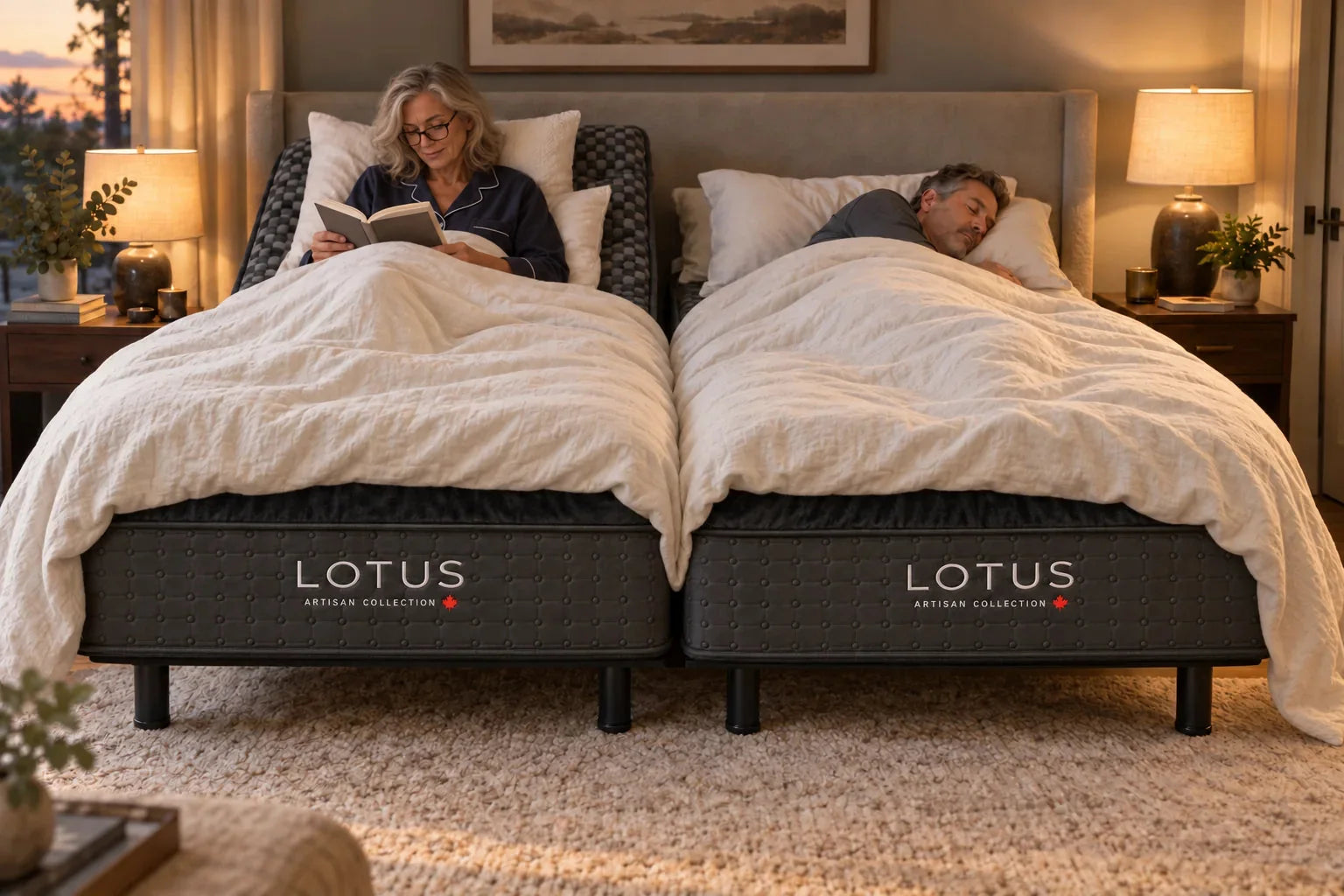 A couple on a Split King Lotus Artisan: she reads with her side raised while he sleeps flat