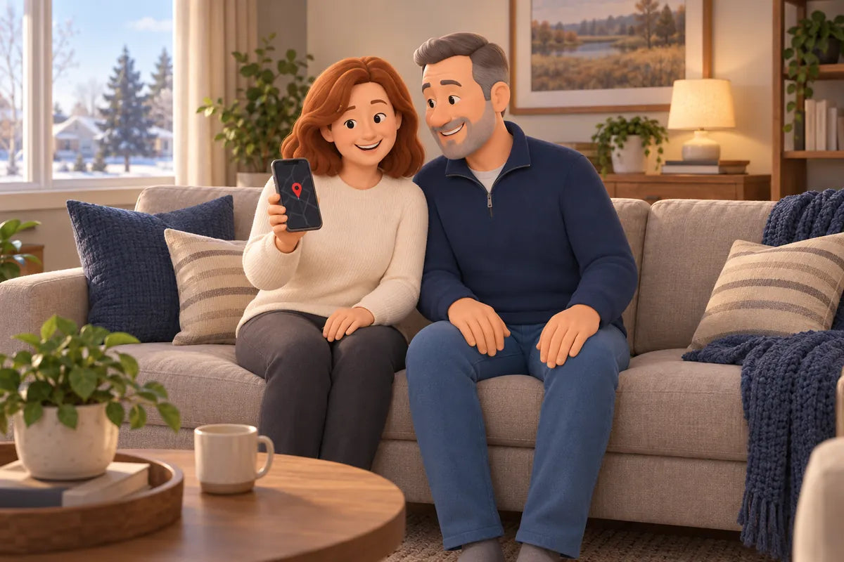 A couple on the sofa reading their delivery text, a map pin on the phone screen