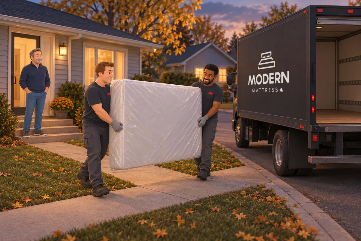 Two crew members carrying an old mattress in a removal bag out to the truck