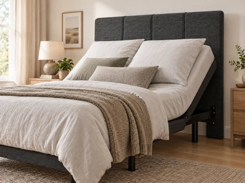 Upholstered headboard behind an adjustable base with the head raised