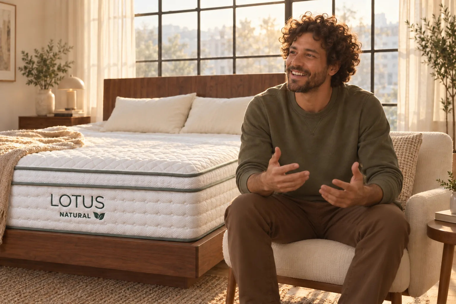 A man laughing in a chair beside a Lotus Natural mattress