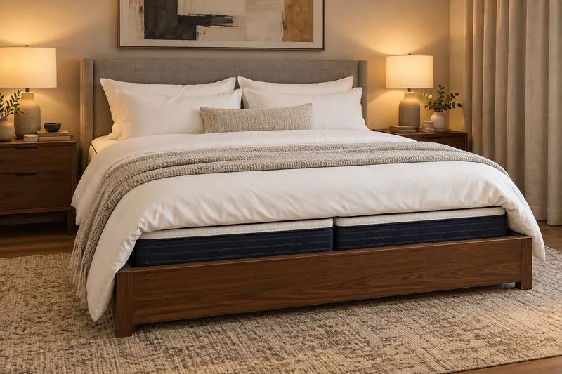 A Split King inside a walnut king bed frame with a padded headboard, made up with one king duvet so it looks like one bed