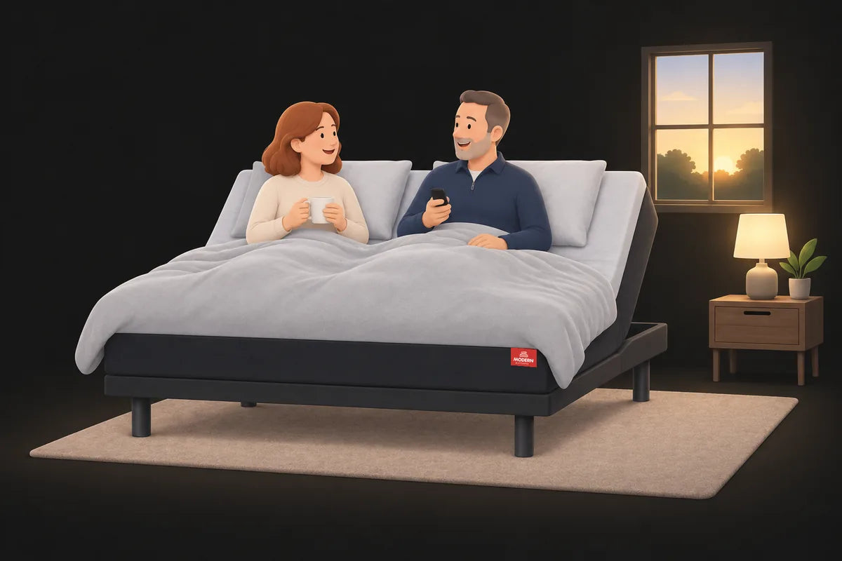 The couple waking up rested at sunrise on their adjustable base, the remote on the nightstand.