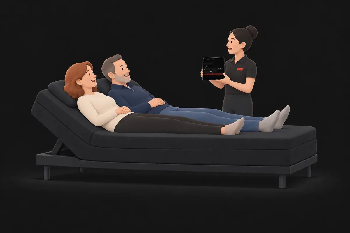 A couple lying back on the black Discovery™ Stage bed while a sleep consultant asks questions.