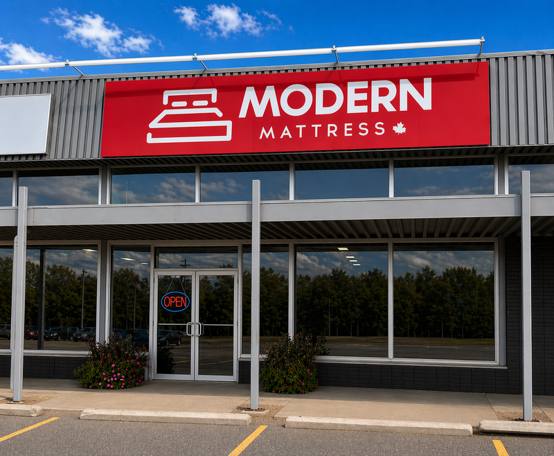 Modern Mattress Yorkton flagship storefront on Livingstone Street — Saskatchewan-owned since 2014