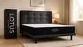 Lotus Original 10 inch mattress on a dark upholstered bed in a bedroom, Lotus box beside it