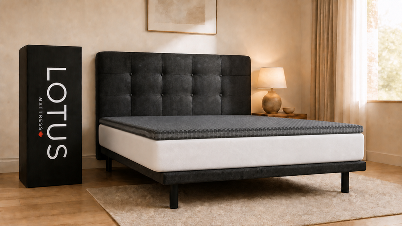 Lotus 3 inch gel memory foam topper on a bed in a bedroom