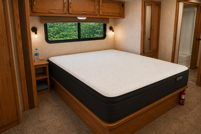 LOTUS Prestige Edge RV mattress made up in the bedroom of a camper in Saskatchewan