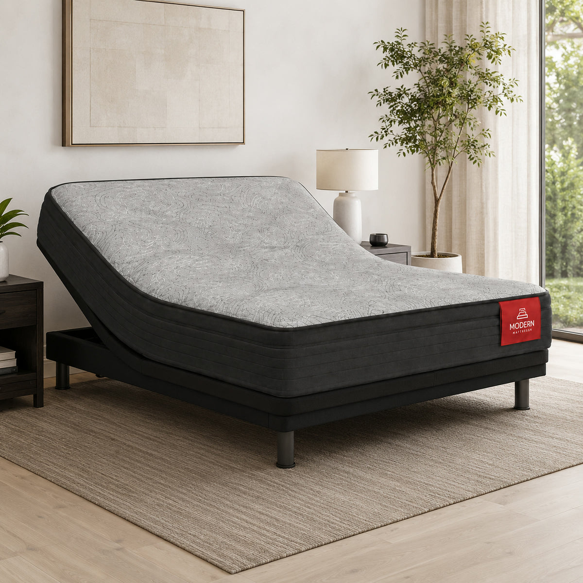 The Studio mattress raised on an adjustable base, showing it is adjustable base friendly