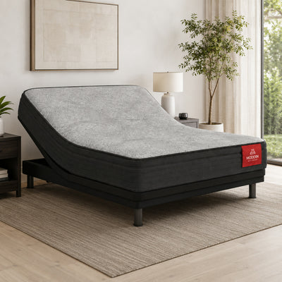 Studio mattress shown on an adjustable base; illustration of an adjustable setup