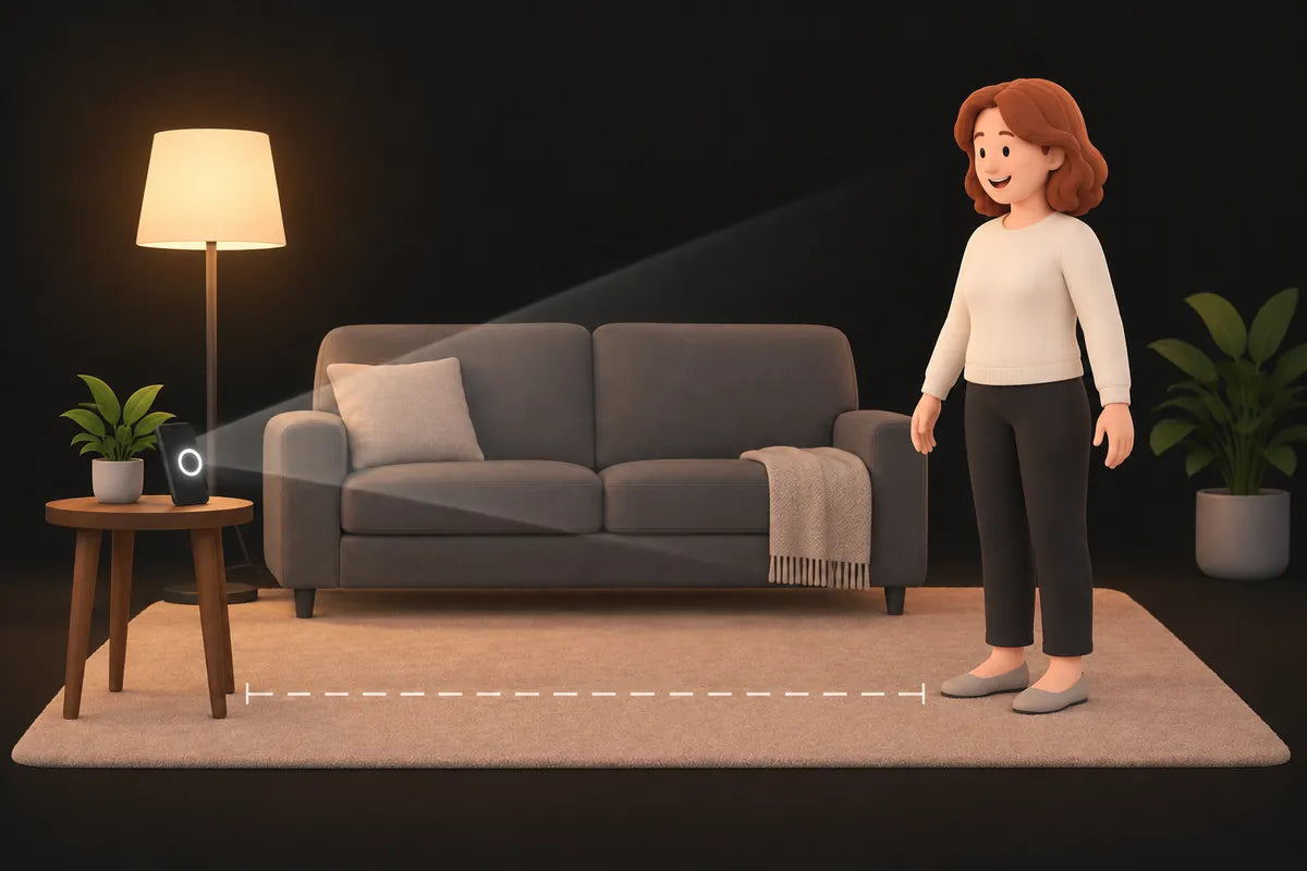 A woman stands a few steps back from her phone on a side table in her living room, ready for the photo that measures her shoulders and hips