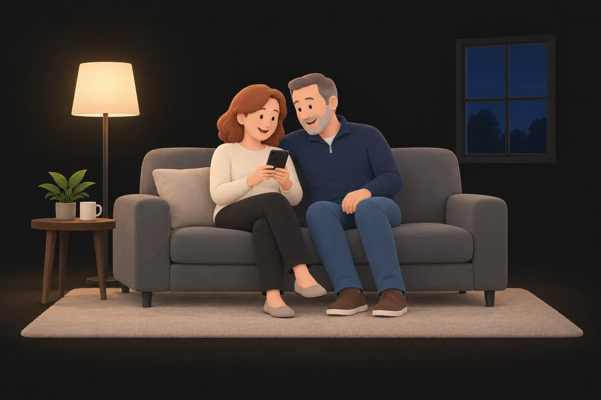 Bill and Susan on their sofa at home, matching a mattress together on a phone