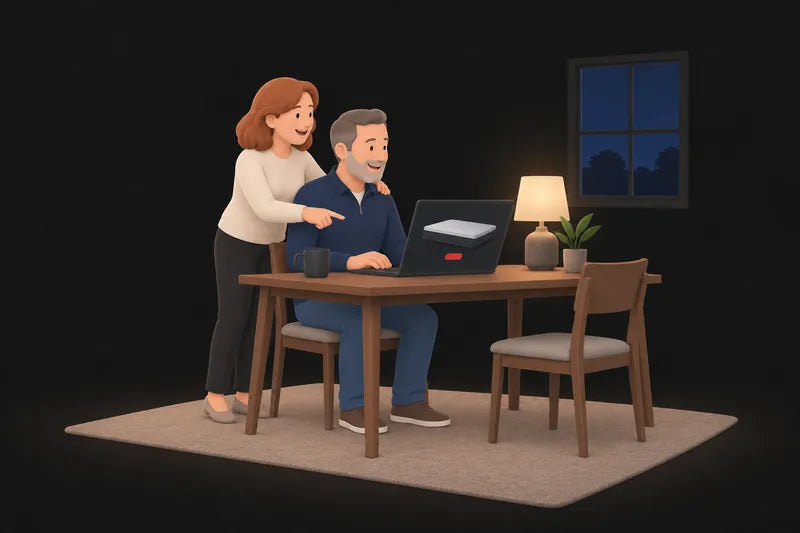 Bill orders their new mattress on a laptop while Susan points at the screen