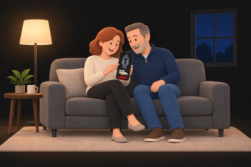Bill and Susan on the couch looking at their mattress match on a phone