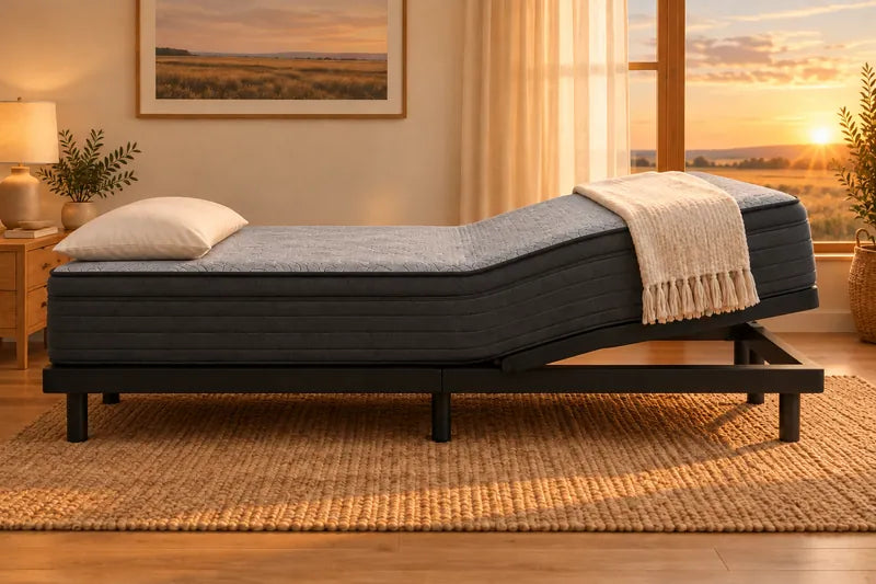 A mattress on an adjustable base with the feet raised