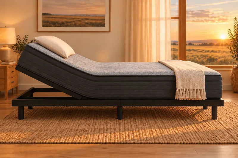 A mattress on an adjustable base with the head raised