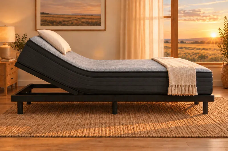 A mattress on an adjustable base with the head raised and the pillow tilt tipped forward