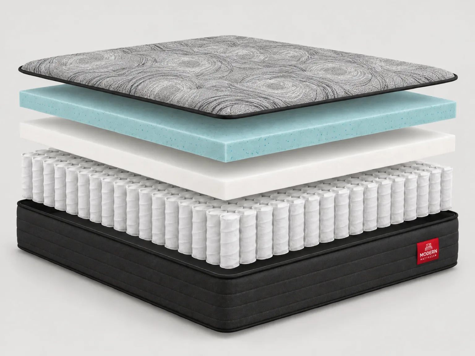 The Studio's layers pulled apart: quilted top, gel-infused memory foam, transition foam, pocket coils and the base