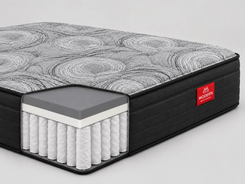 Studio Firm cutaway: quilted top, gel-infused memory foam, transition foam and pocket coils to the edge