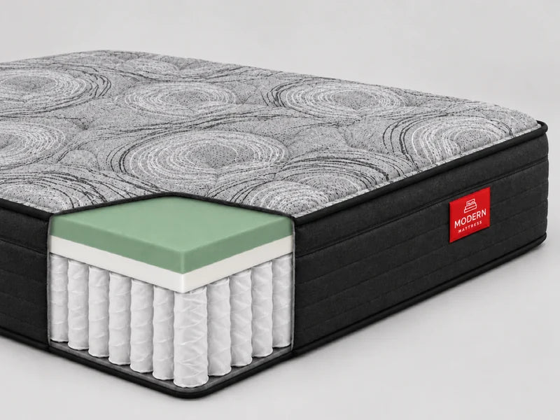 Studio Medium cutaway: quilted top, gel-infused memory foam, transition foam and pocket coils to the edge