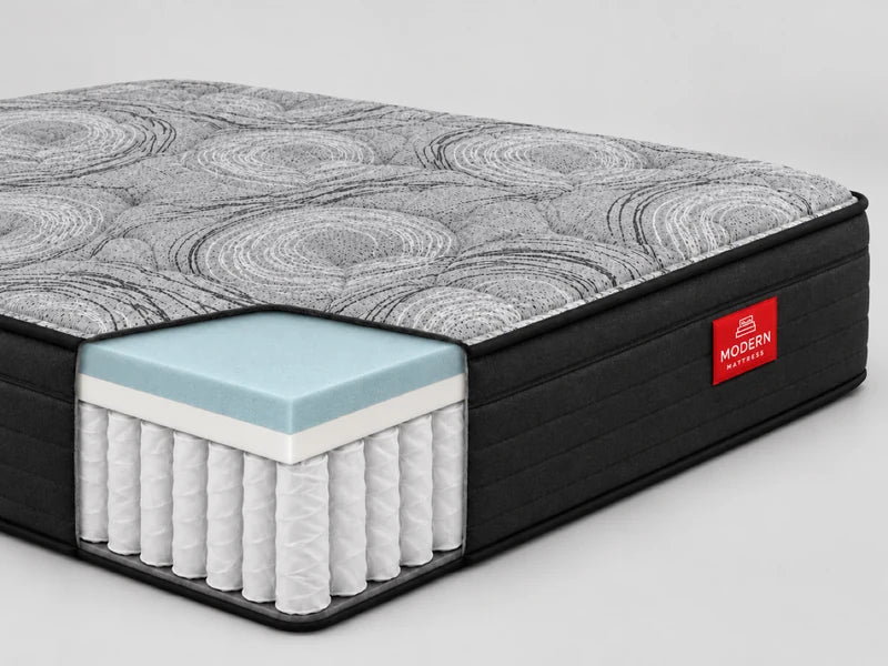 Studio Plush cutaway: quilted top, gel-infused memory foam, transition foam and pocket coils to the edge