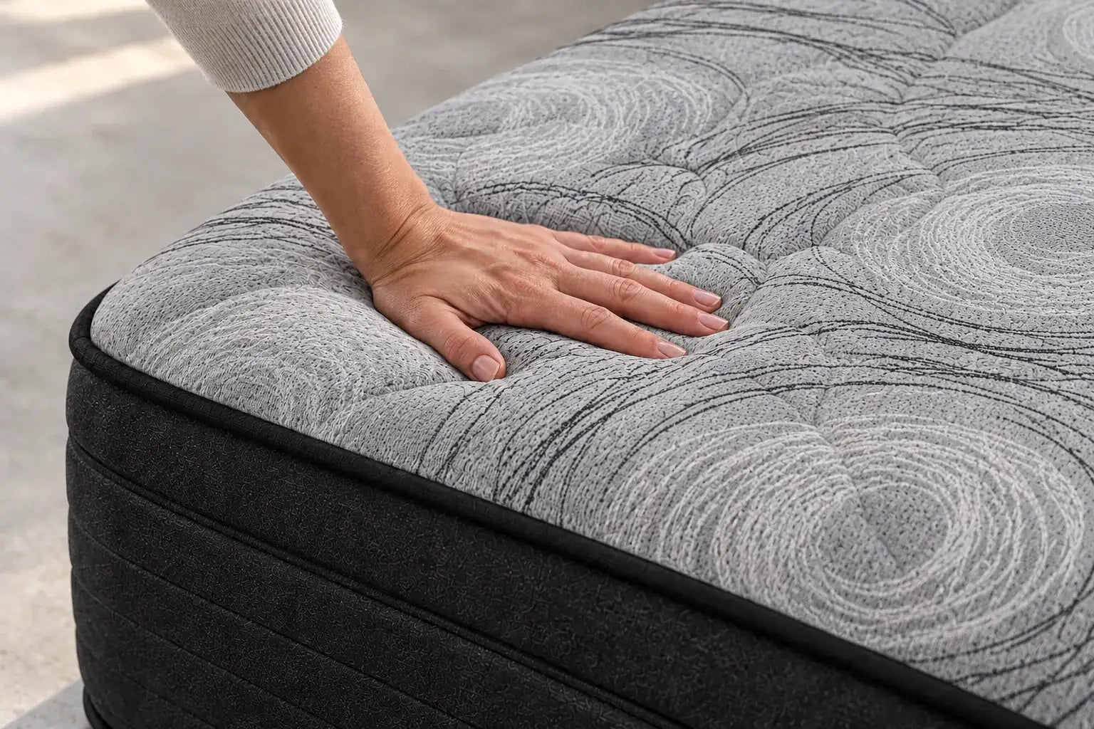 A hand pressing into the light grey quilted top of the Studio mattress