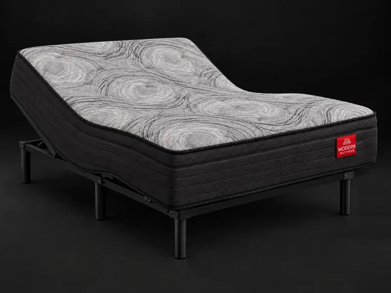 Studio mattress shown on an adjustable base; illustration of an adjustable setup