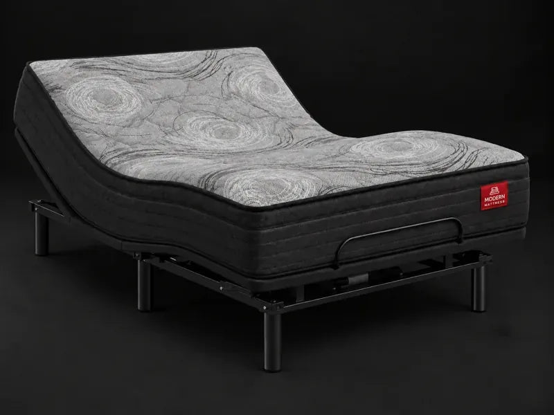 Studio mattress shown on an adjustable base; illustration of an adjustable setup