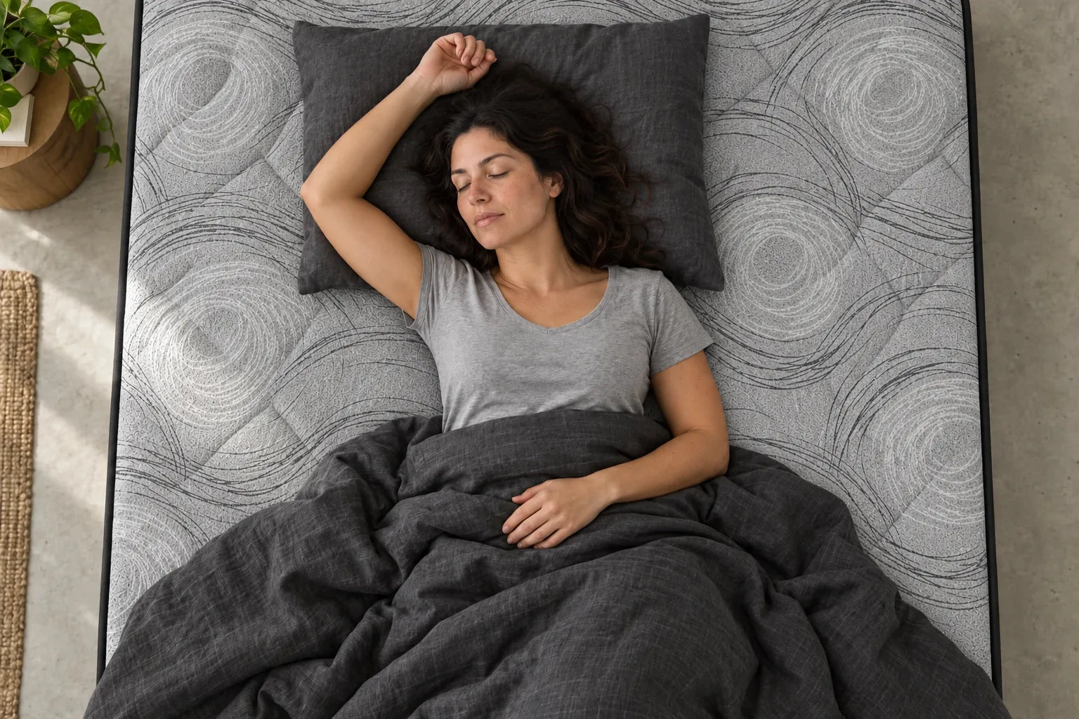 A woman sleeping peacefully on her back on the light grey quilted top of the Studio