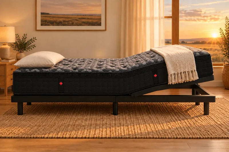 A mattress on an adjustable base with the feet raised