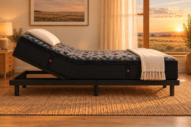 A mattress on an adjustable base with the head raised
