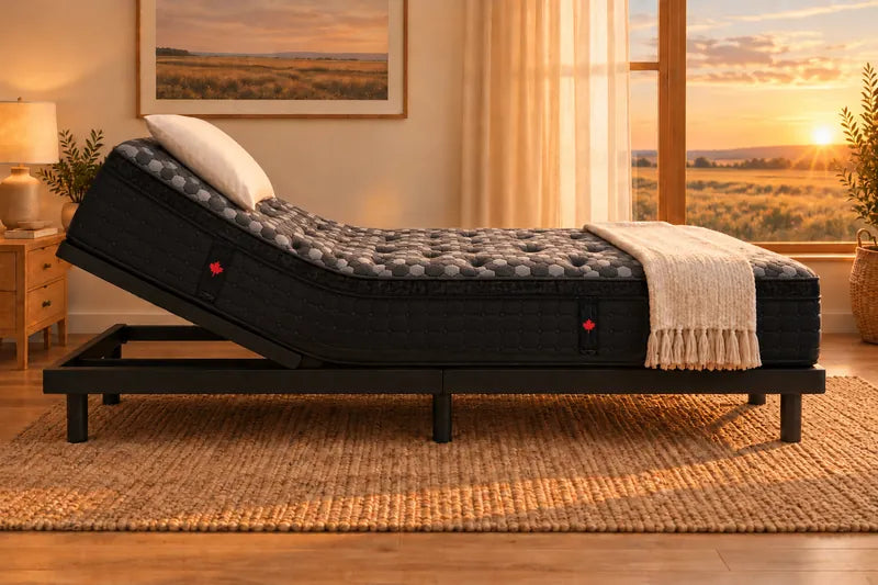 A mattress on an adjustable base with the head raised and the pillow tilt tipped forward