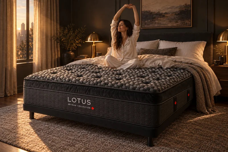 A woman stretching and smiling as she sits up on the Lotus Artisan in morning light