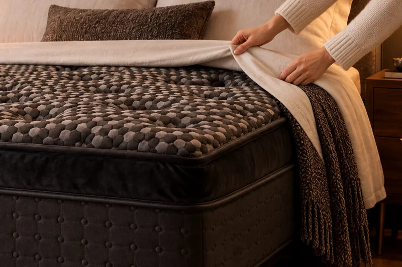 Hands folding back an ivory sheet to show the Artisan&rsquo;s wool jacquard top, tufts and velvet handle