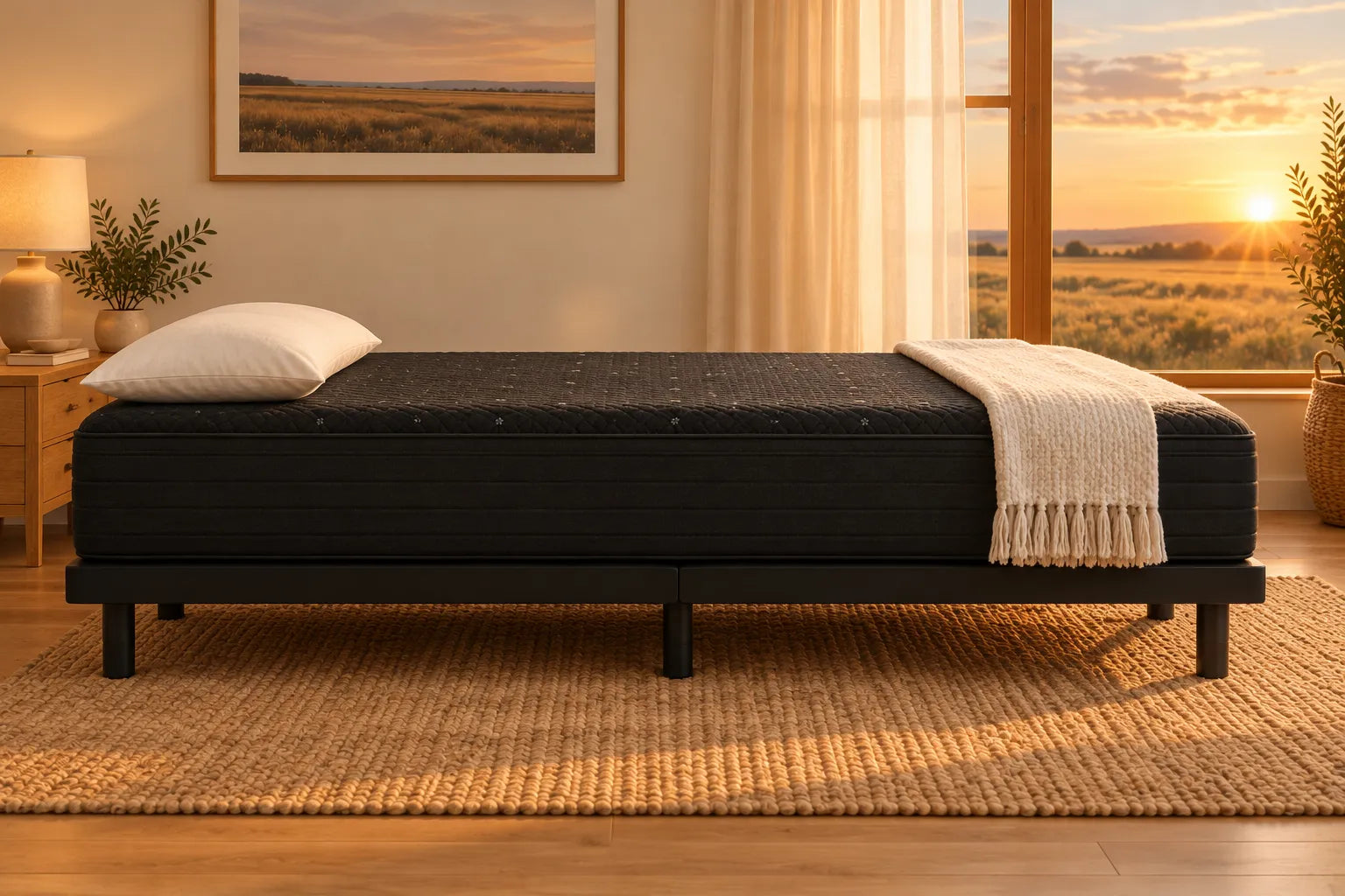 A mattress on an adjustable base, lying flat