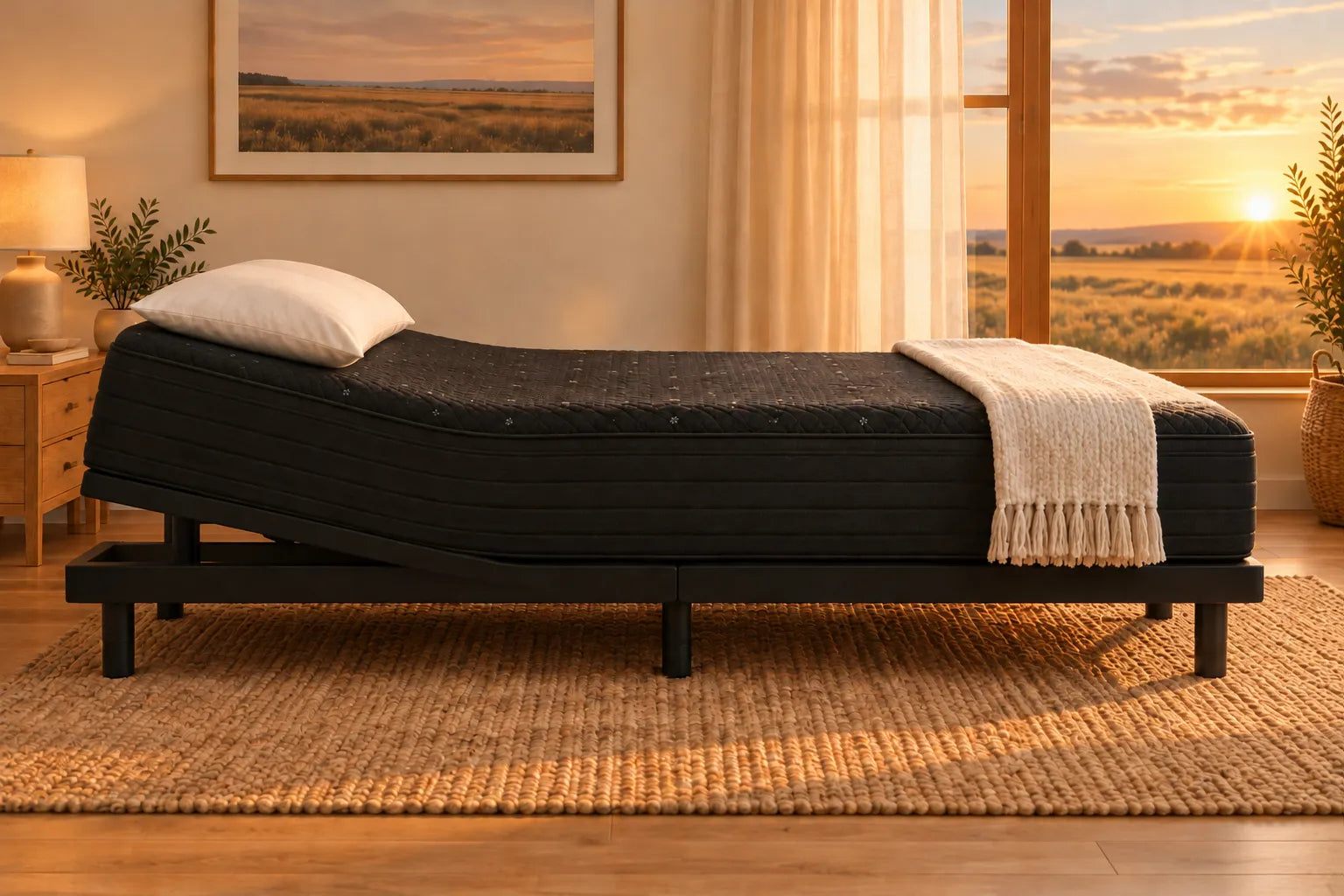 A mattress on an adjustable base with the head lifted a few degrees for Anti-Snore