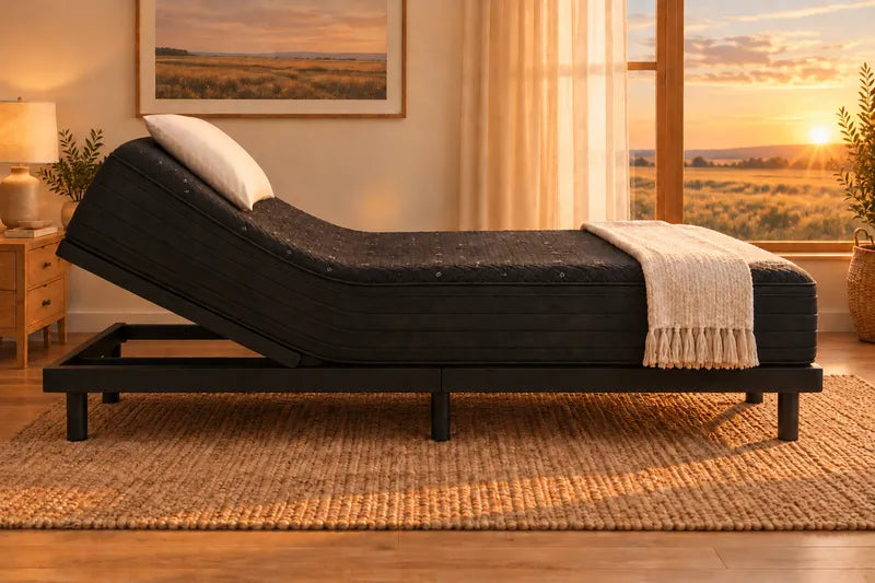 A mattress on an adjustable base with the head raised and the pillow tilt tipped forward