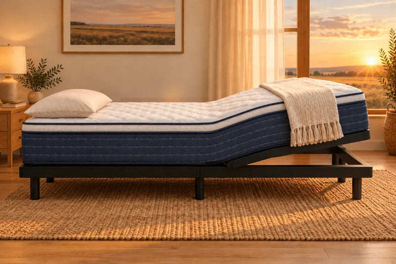 A mattress on an adjustable base with the feet raised