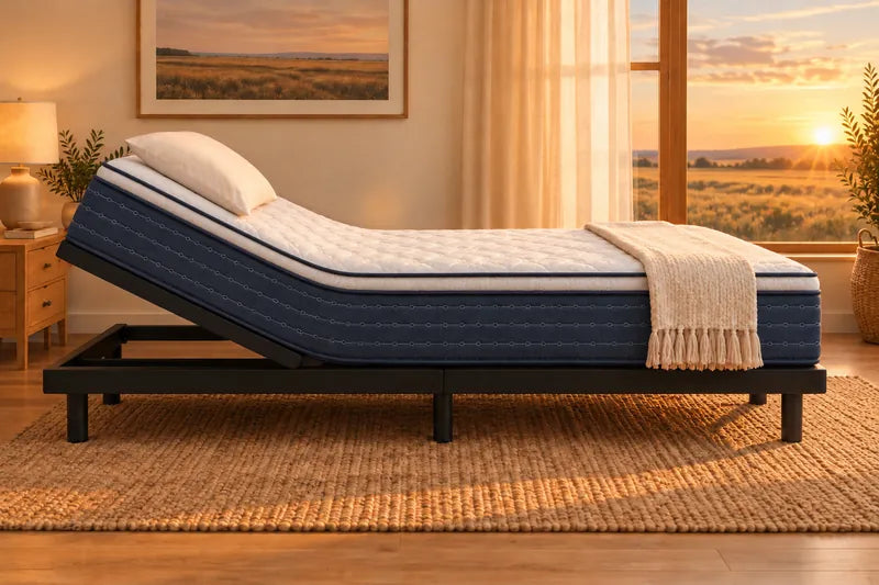 A mattress on an adjustable base with the head raised