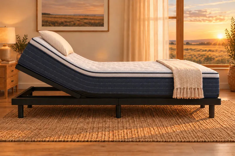 A mattress on an adjustable base with the head raised and the pillow tilt tipped forward
