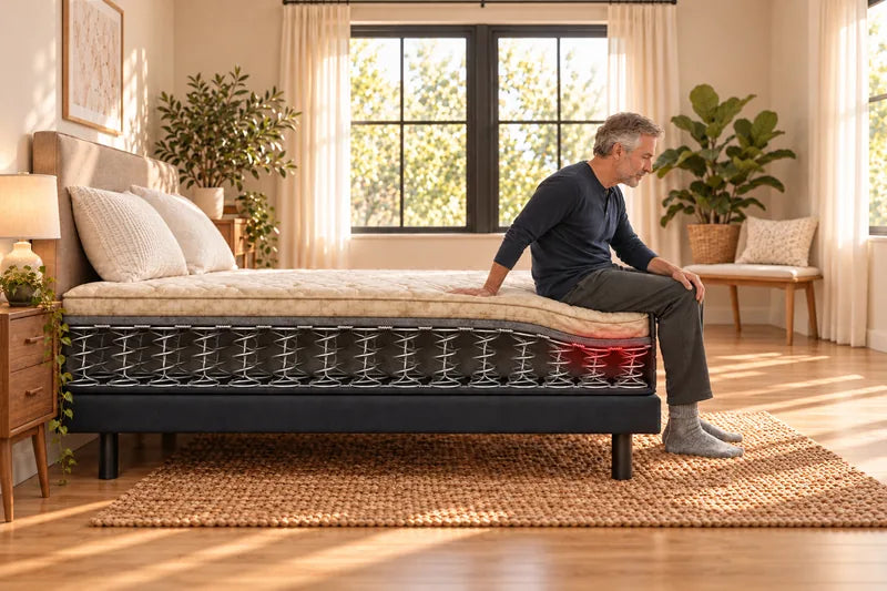 Cross-section of an old innerspring with no edge rail: hourglass springs laced together with wire. A man sits on the end and the connected springs and border wire sag down together, so he tips toward the floor.