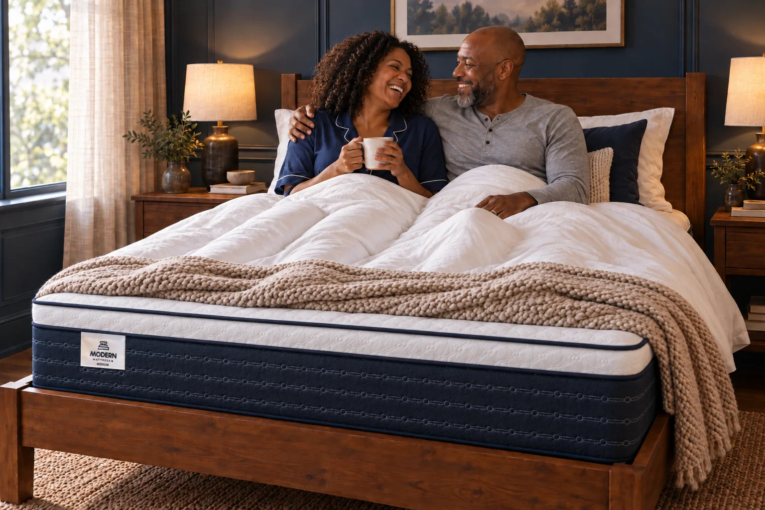 A couple laughing together in the morning, sitting up on a Queen Classic mattress, she holding a coffee