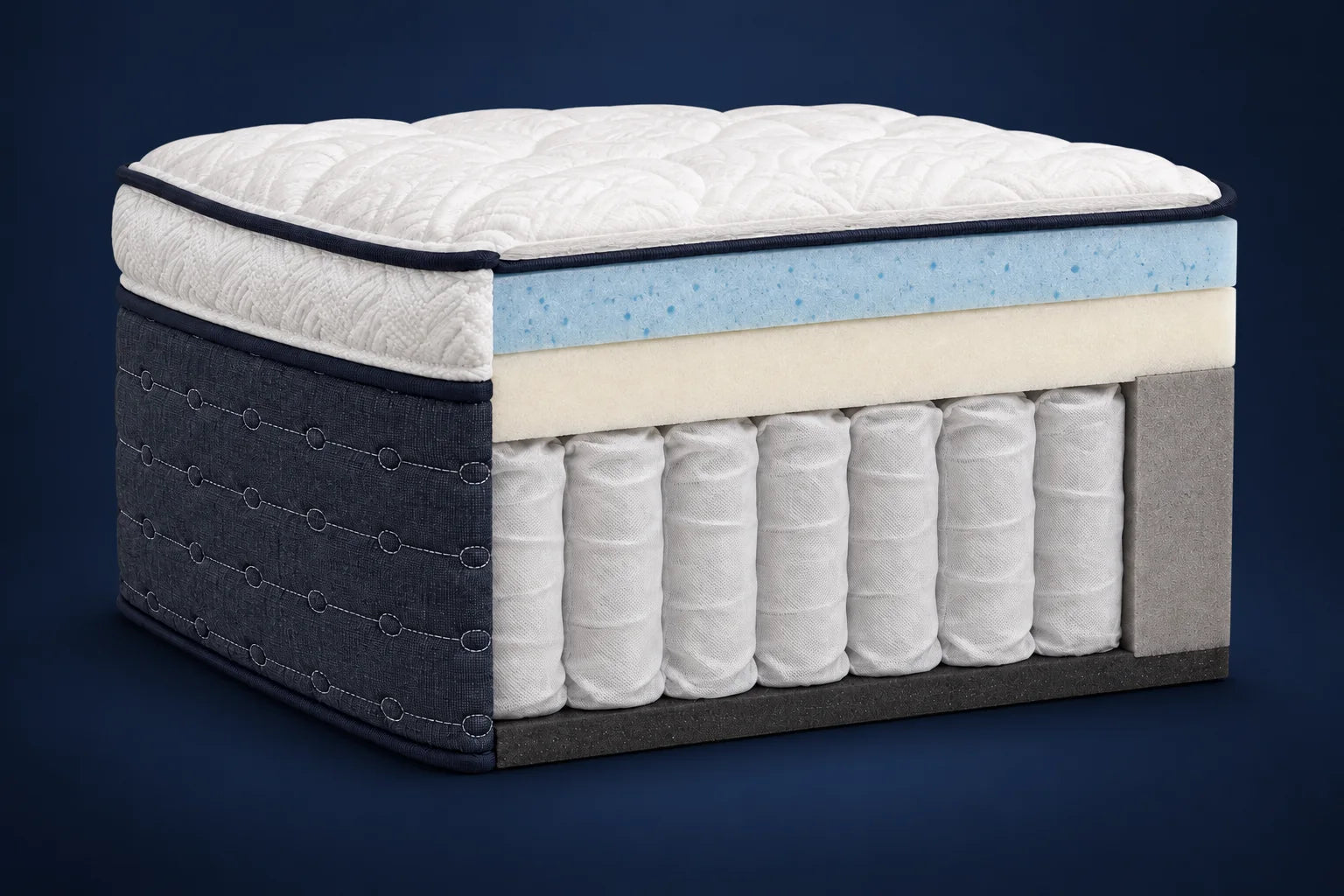 A slice of the Classic showing the euro top, gel-infused foam, soy foam, wrapped pocket coils and a foam edge