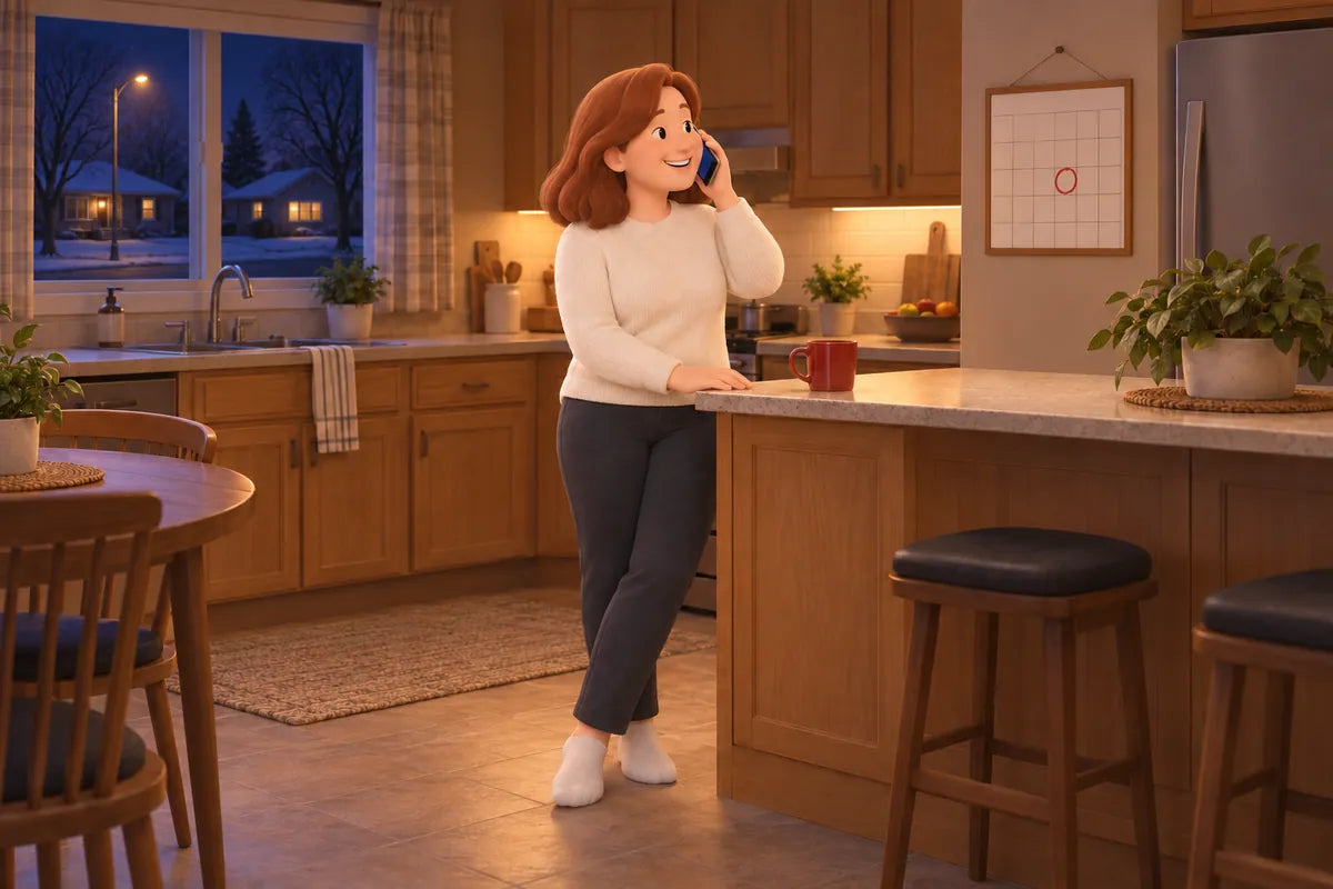 A woman in her kitchen on the phone, booking her delivery day