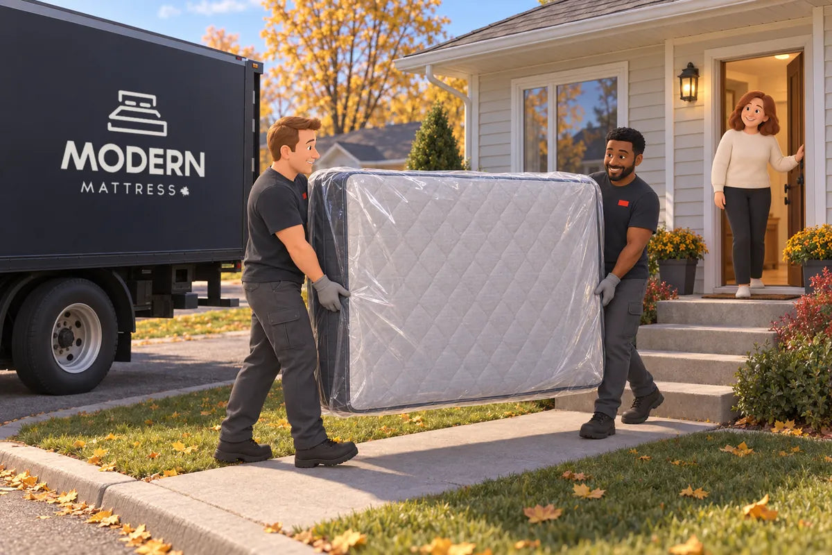 Two delivery crew members carrying a wrapped mattress up the front walk of a house