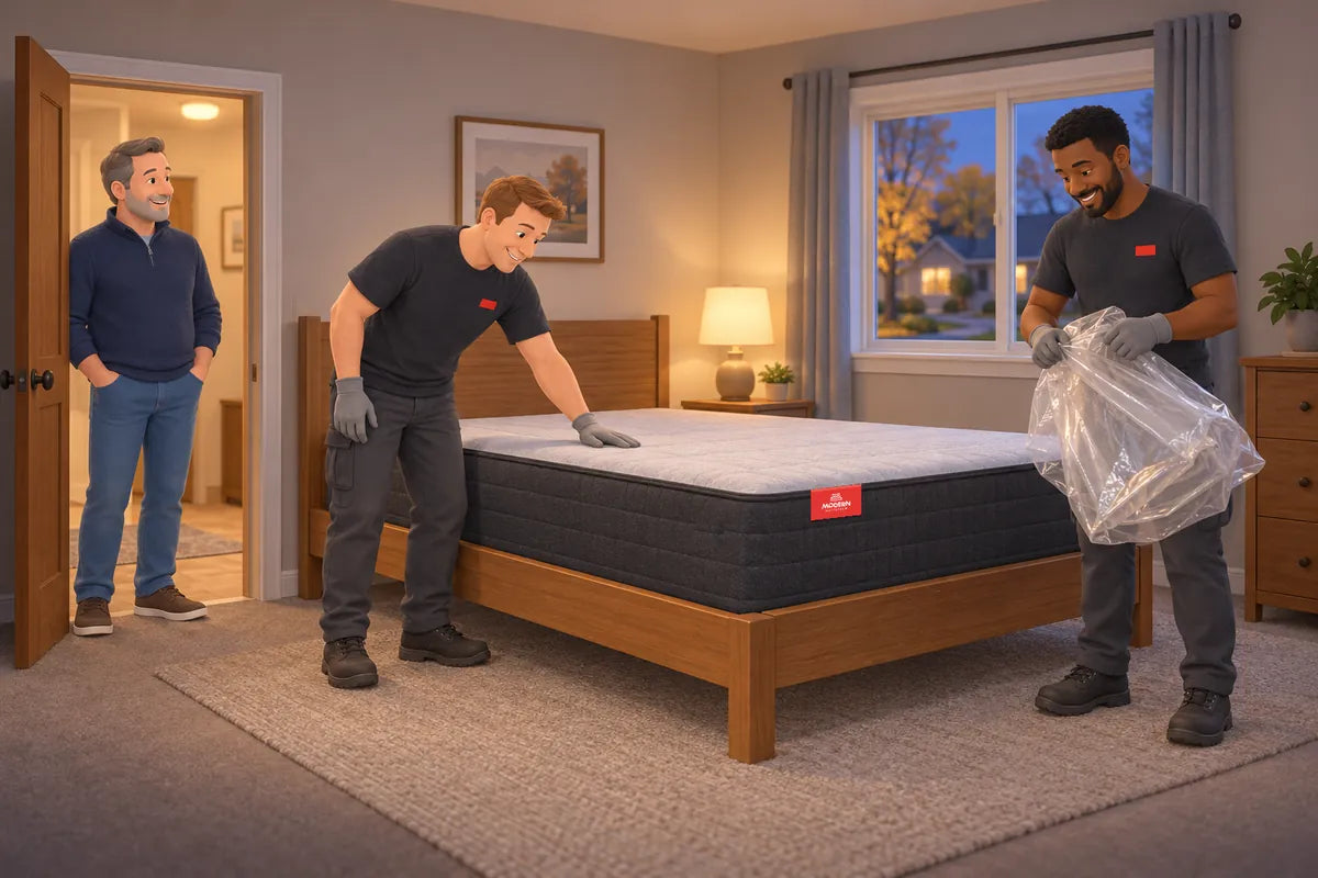 Two crew members setting a new mattress on a bed frame and folding up the plastic wrap