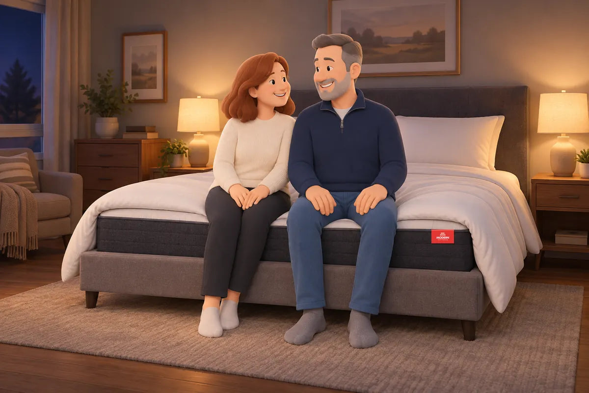 A smiling couple sitting on their new bed in a cosy bedroom at night