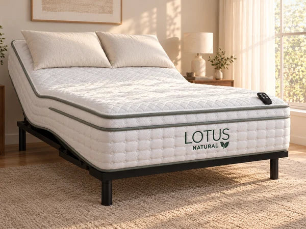 Lotus Natural on the Essential adjustable base with its remote